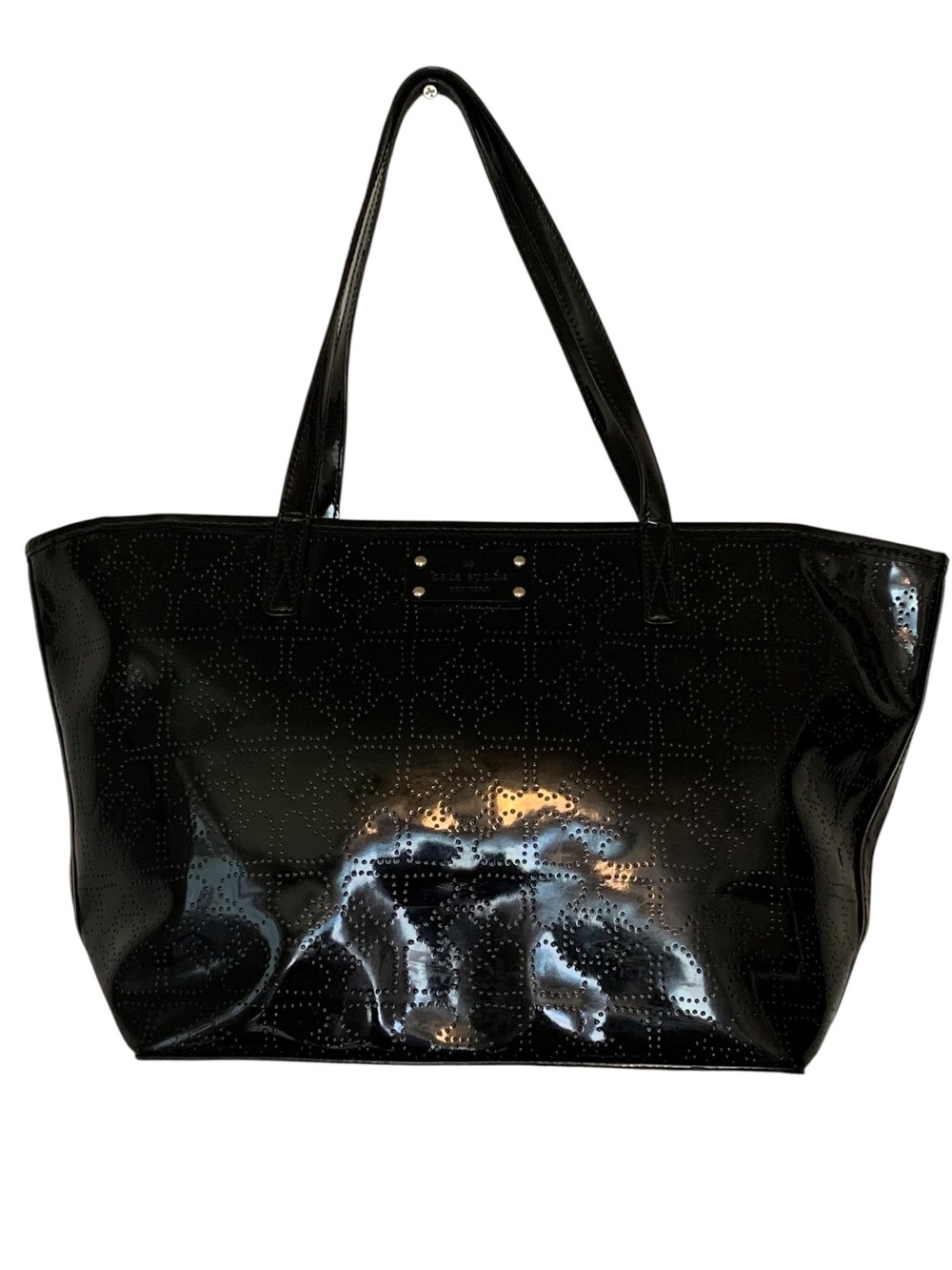 Kate Spade Black Patent Leather Perforated Hearts Large Tote Shoulder Bag
